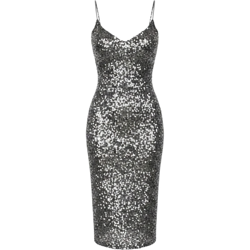 Haute Monde Silver Sequin Slip Dress Large‎ Slinky V-Back Cocktail Event